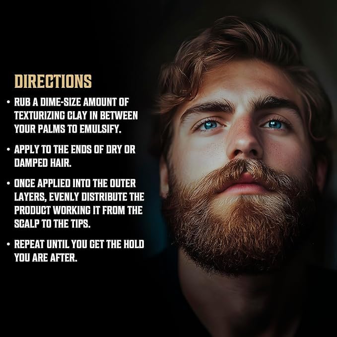 Man with styled hair uses Hair Clay - Spiced Vanilla (2oz); matte finish tips shown on left.
