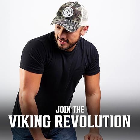 Man in a black t-shirt and Trucker Hat for Men Baseball Cap - Camouflage looks down, text below.