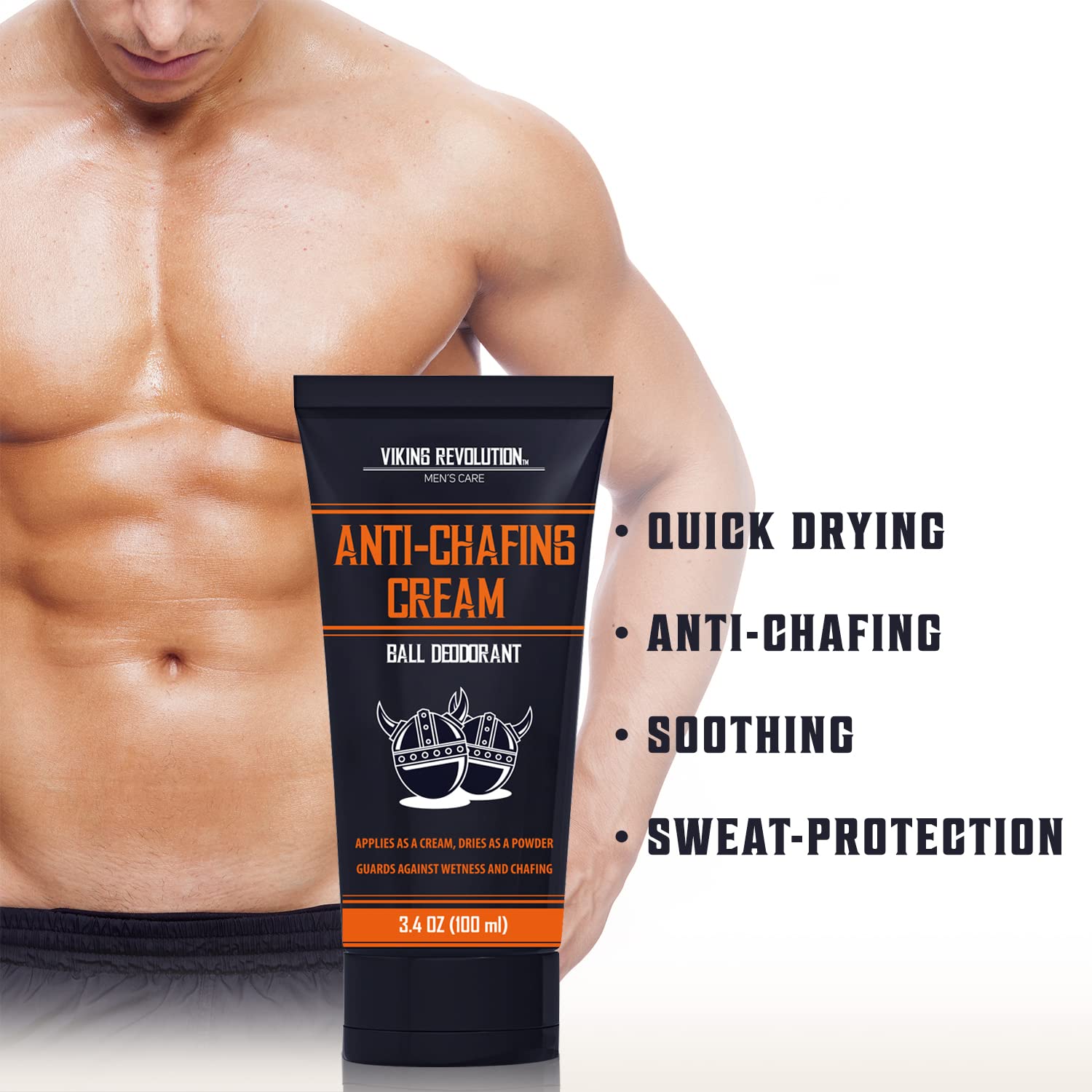 A shirtless man holds Ball Deodorant; key benefits are highlighted to the right.