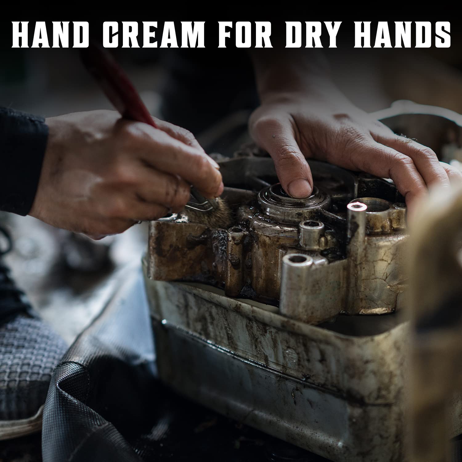 Hands working on a greasy machine part, with Hand Cream - Extreme Relief above.