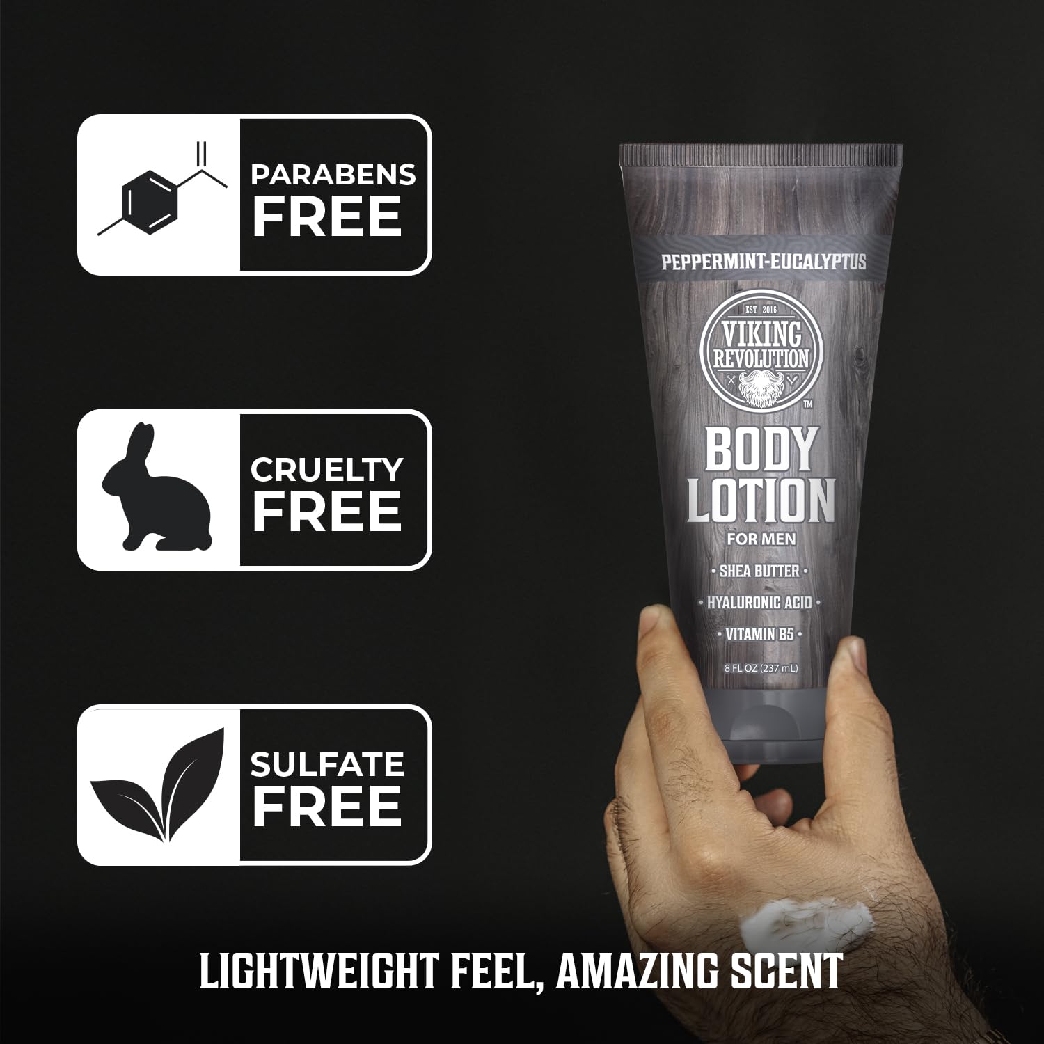 A hand holds Body Lotion For Men - Peppermint Eucalyptus; icons show it's paraben, cruelty & sulfate-free.