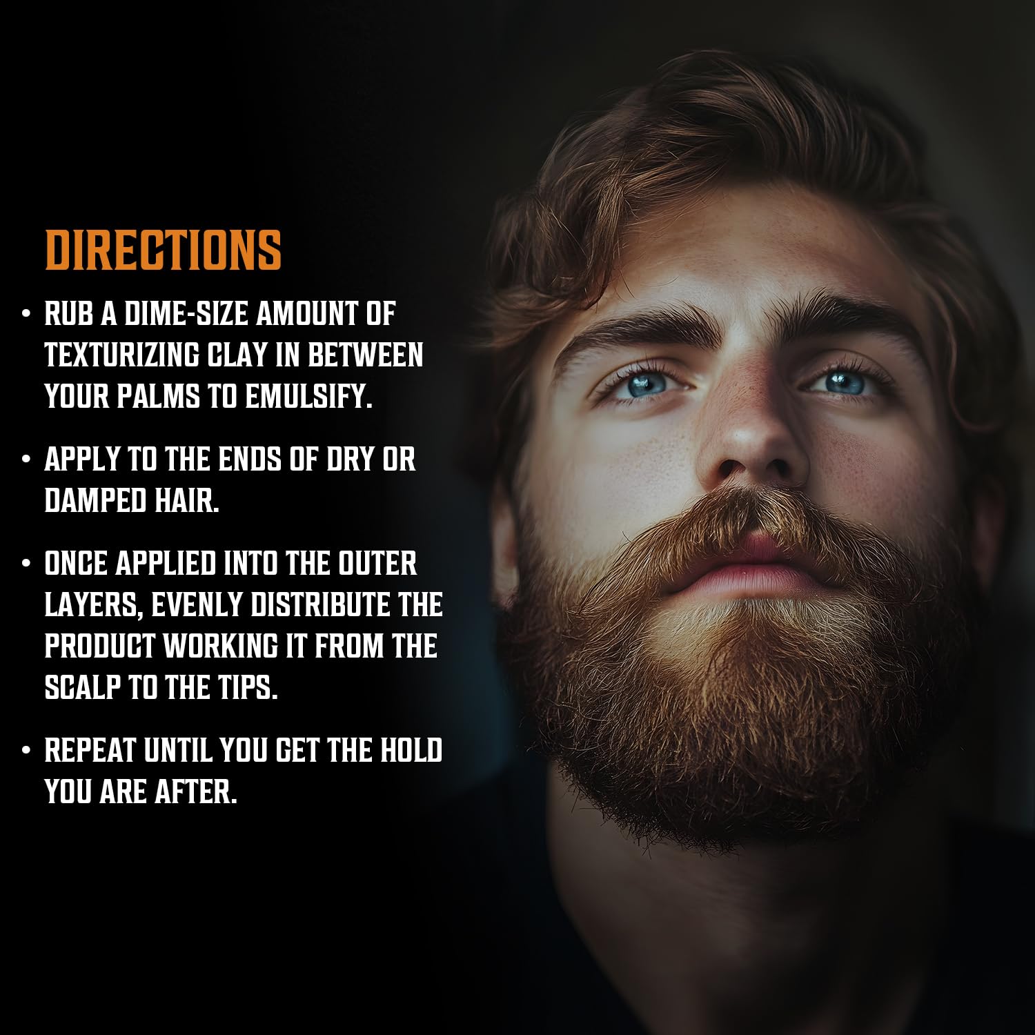 Man with styled hair and beard beside Hair Clay - Coffee & Whiskey directions on dark background.
