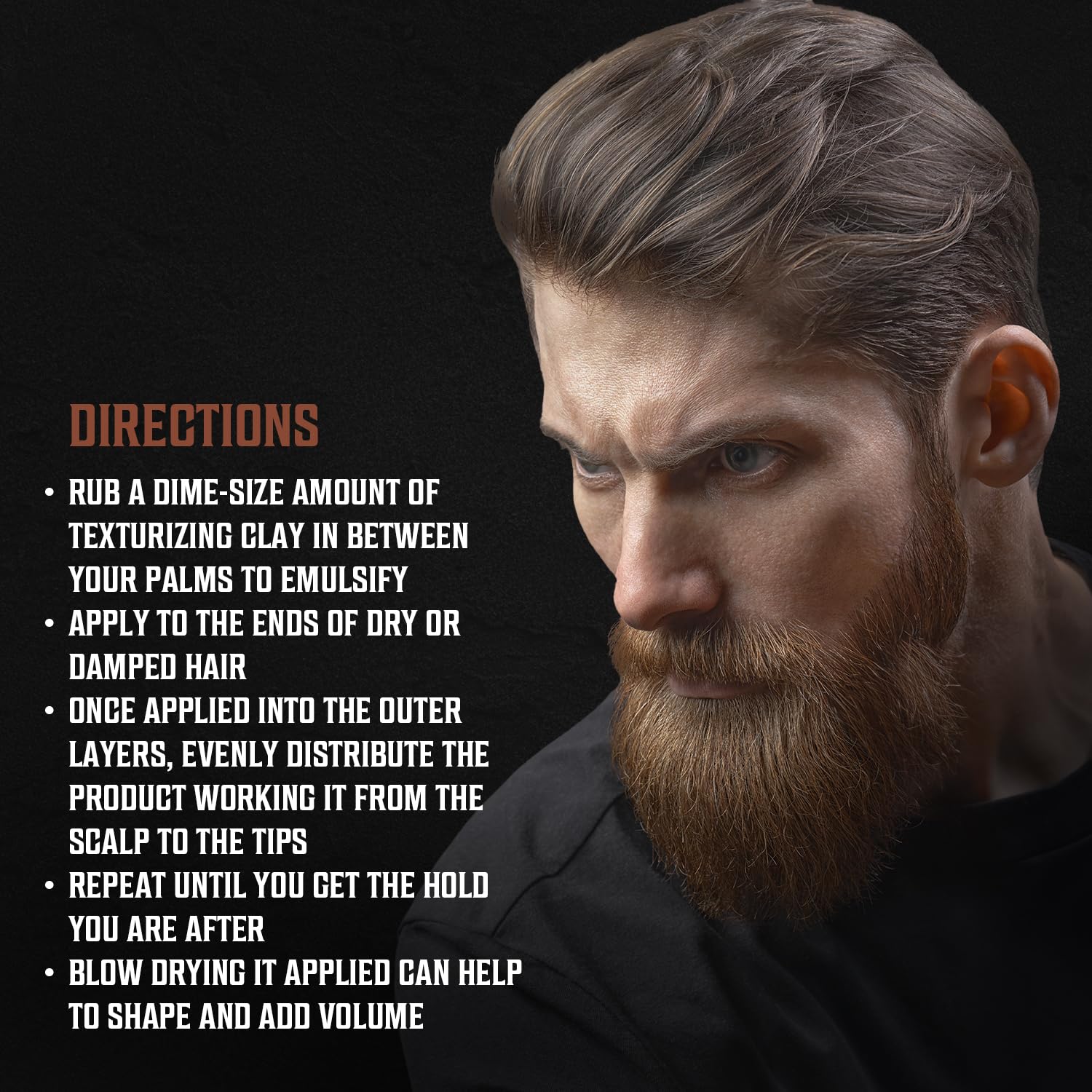 Man with styled hair and beard; directions for Hair Clay Sandalwood - 2 pack shown beside him.