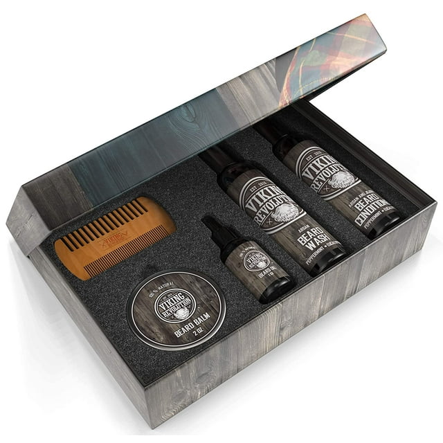 Viking Revolution - Beard Care Kit, Classic: a wooden box containing beard grooming essentials such as a comb, balm, oil, and beard conditioner bottles crafted from natural ingredients.