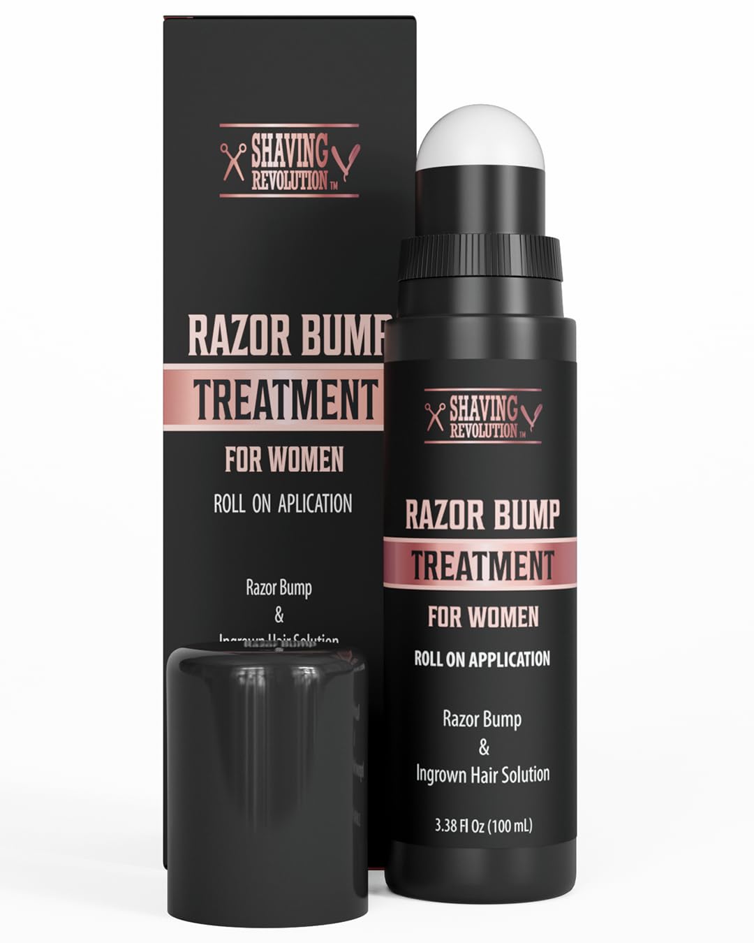Black bottle of Razor Bumps Treatment for Women with roll-on applicator next to its box.