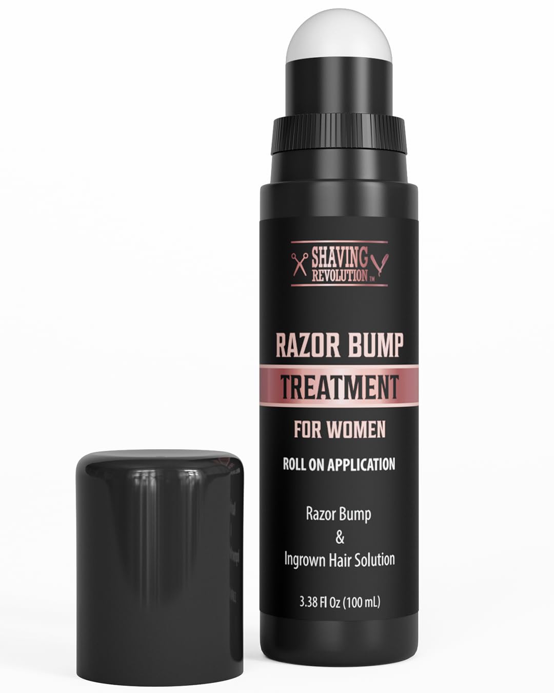 100 ml bottle of Razor Bumps Treatment for Women, designed specifically for bikini line care, with the cap off.