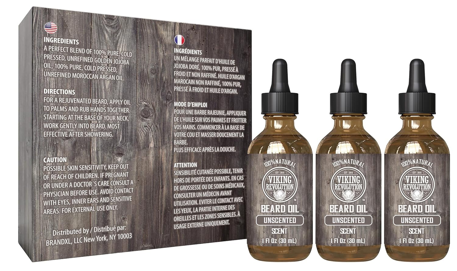 Three bottles of Unscented Beard Oil - 3 Pack for superior beard grooming beside detailed packaging.