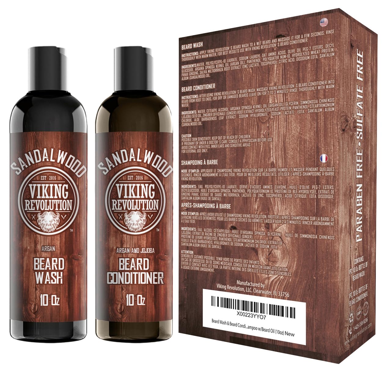 Sandalwood Beard Wash & Conditioner Set (10oz), two bottles next to a brown box, ideal for growth.