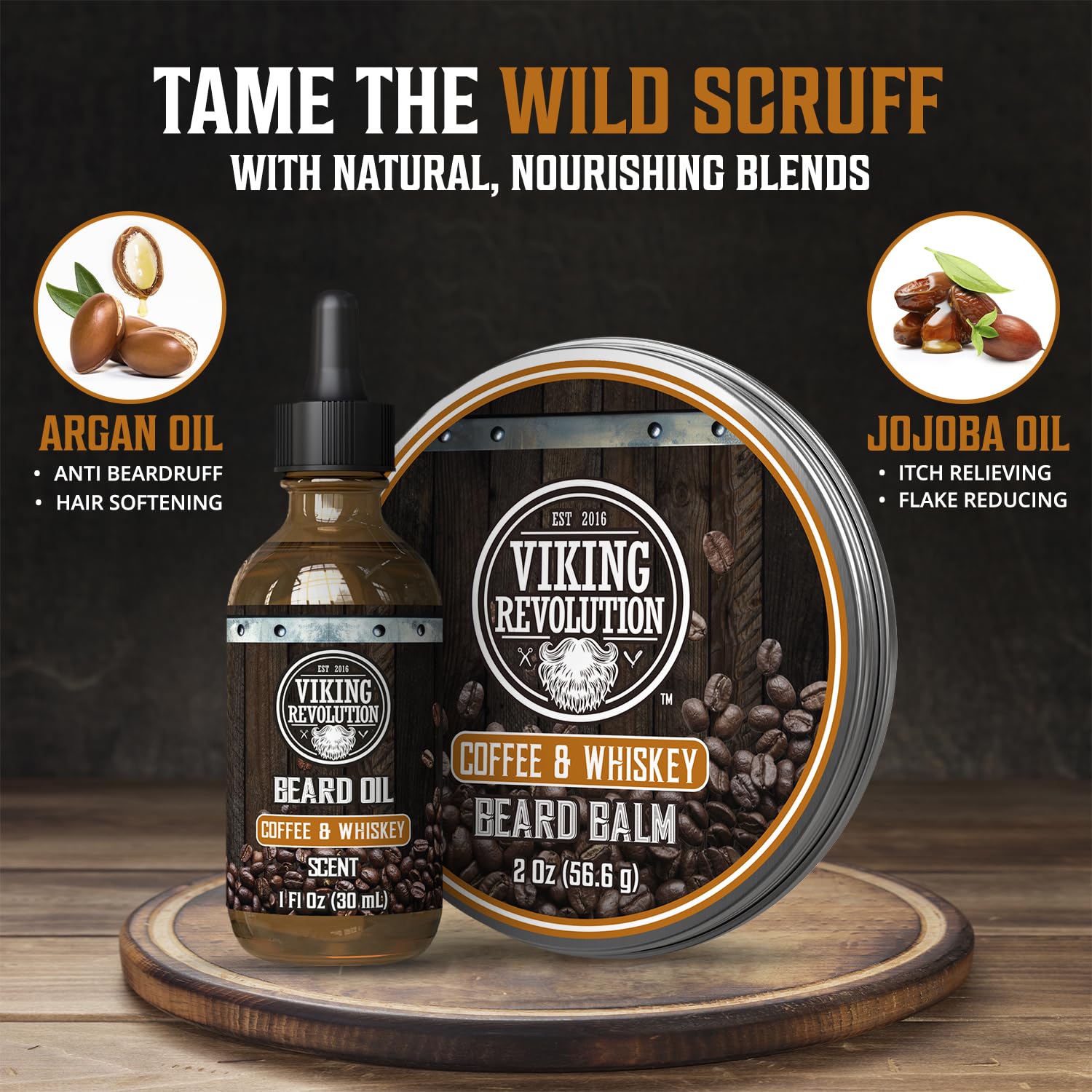 Coffee and Whiskey Beard Balm (2oz) & Sandalwood Beard Oil Kit—essential beard care duo for men.