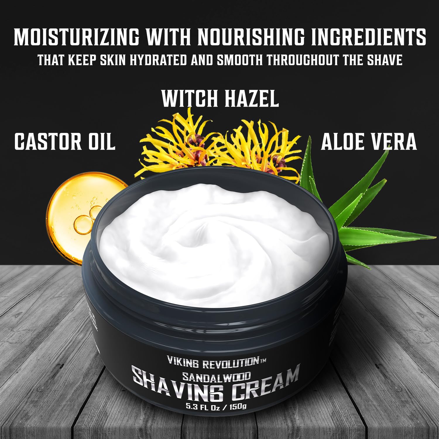 Open Sandalwood Shaving Cream (5.3oz) for sensitive skin; castor oil and aloe vera are beside it.