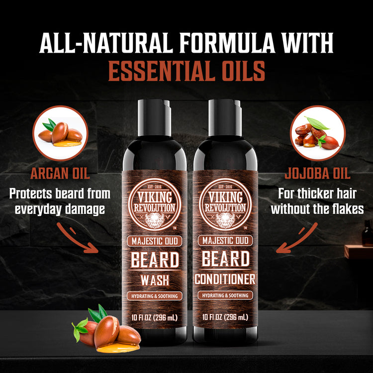 Two bottles of Beard Wash and Conditioner with argan and jojoba oils on a dark background.