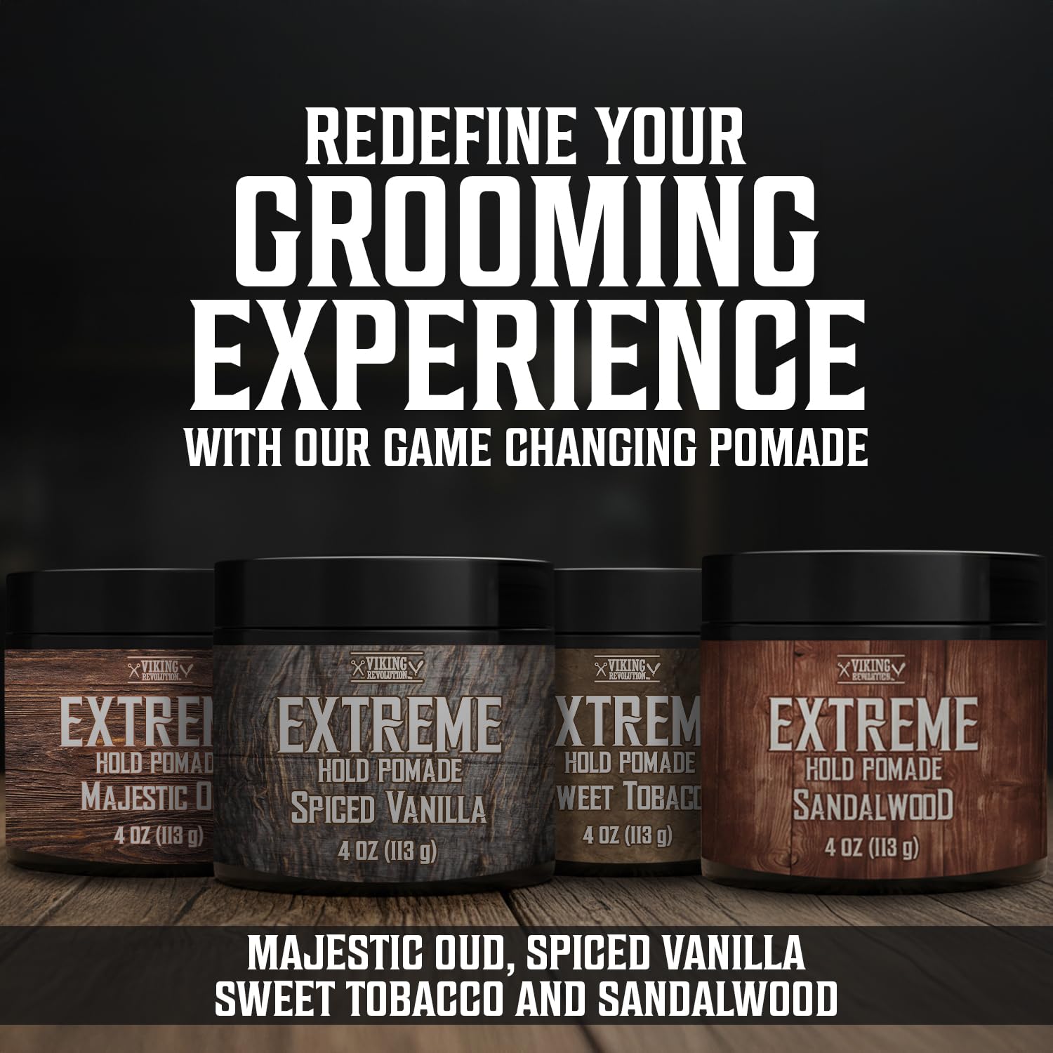 Four jars of Sandalwood Hair Pomade (4 oz), water soluble, in four elegant scents.