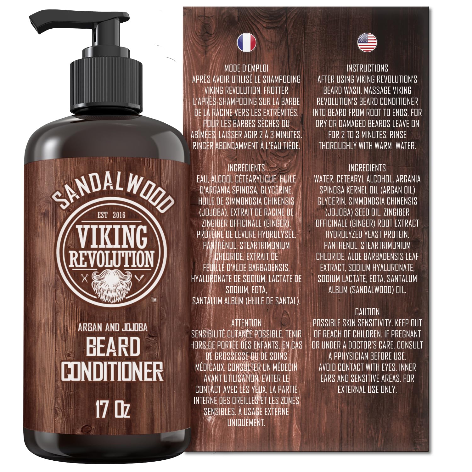 A 17oz bottle of Sandalwood Beard Conditioner with instructions and ingredients listed.