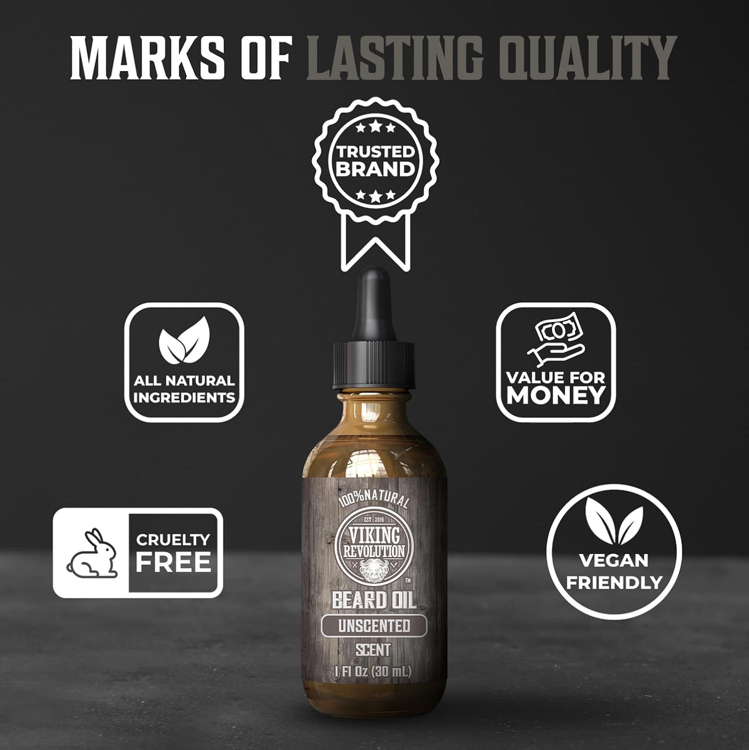 A 1oz bottle of Unscented Beard Oil for grooming, with quality and all-natural icons.