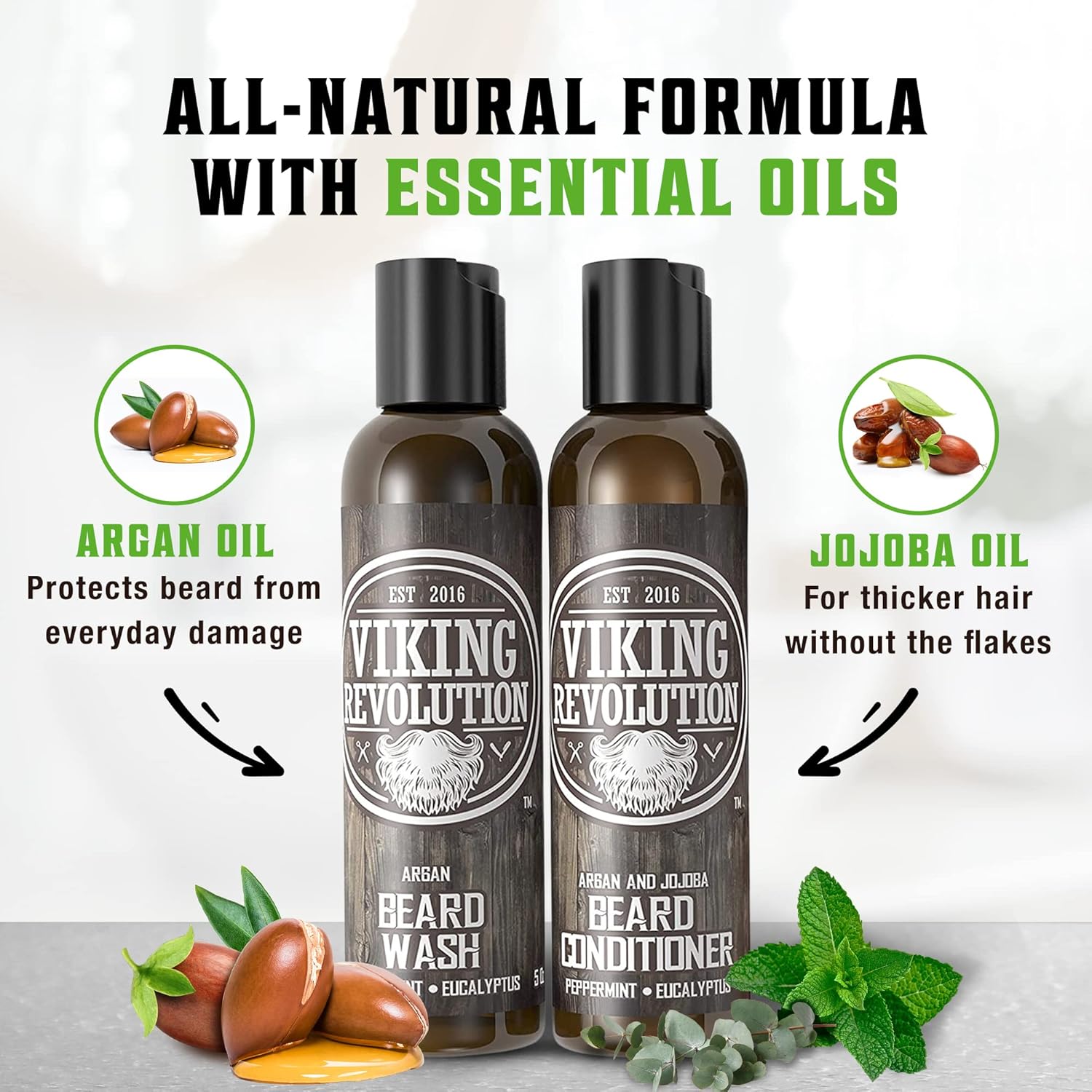 Two bottles of Beard Wash & Conditioner Set - Peppermint & Eucalyptus (5oz) with key ingredients.