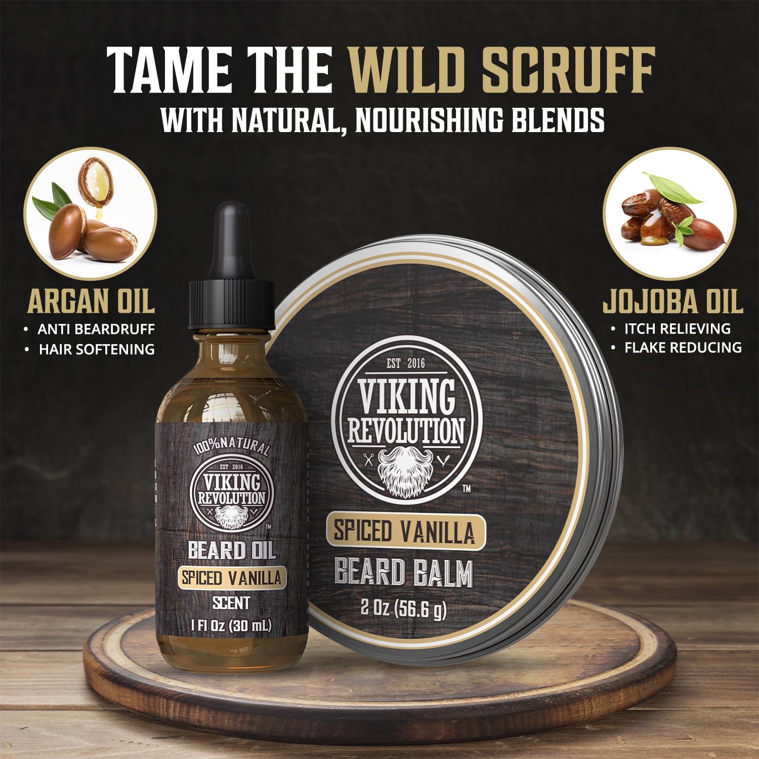Spiced Vanilla Beard Balm (2oz) & Beard Oil (1oz) Kit from Viking Revolution on a wooden tray.
