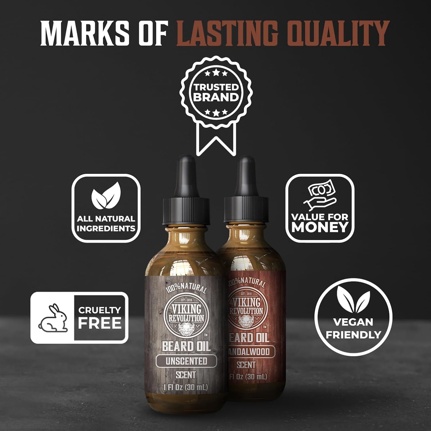 Two bottles of Sandalwood & Unscented Beard Oil (2 Pack), natural and vegan-friendly beard treatment.