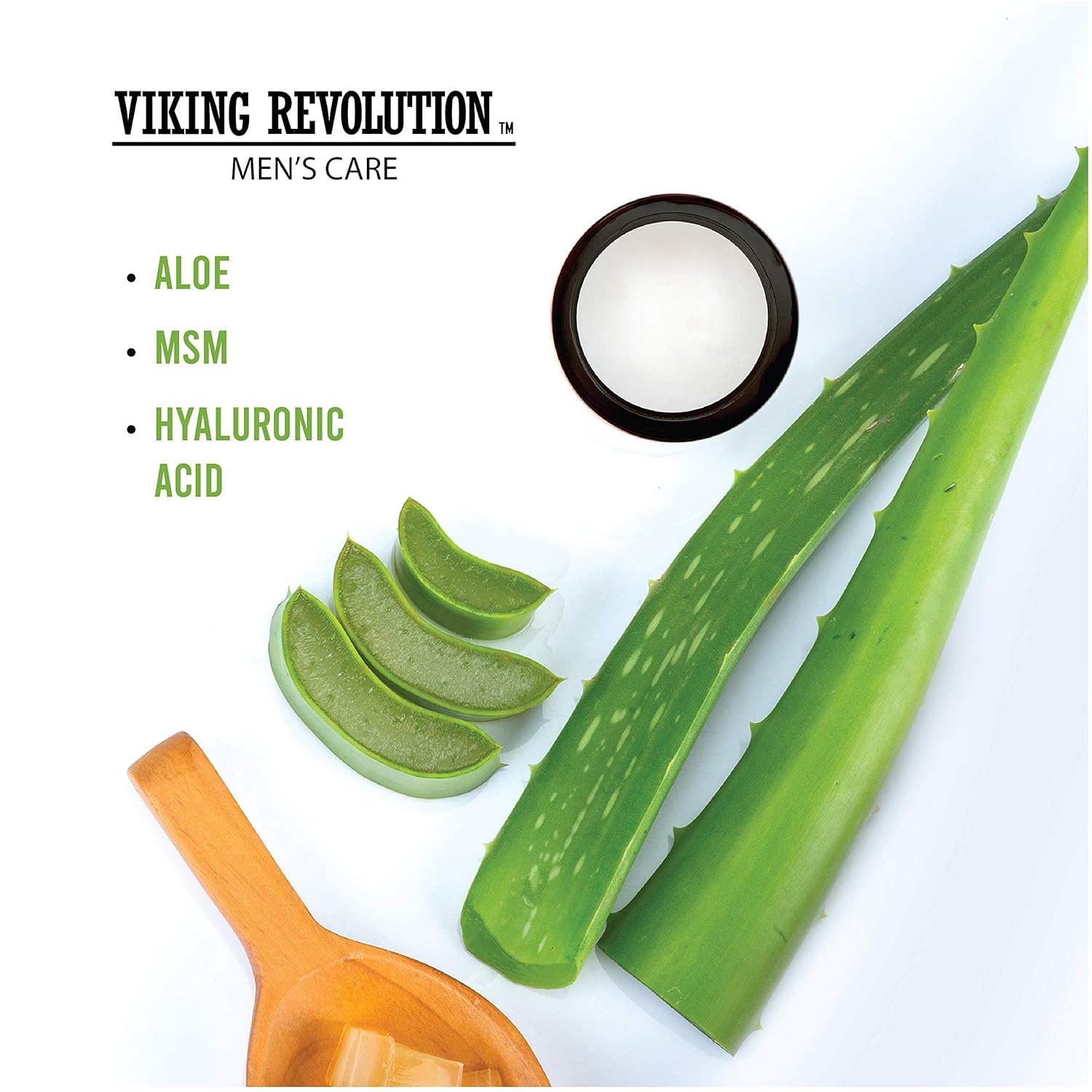 Eye Cream for Men with Aloe, MSM & Hyaluronic Acid for dark circles in a gel-cream jar.