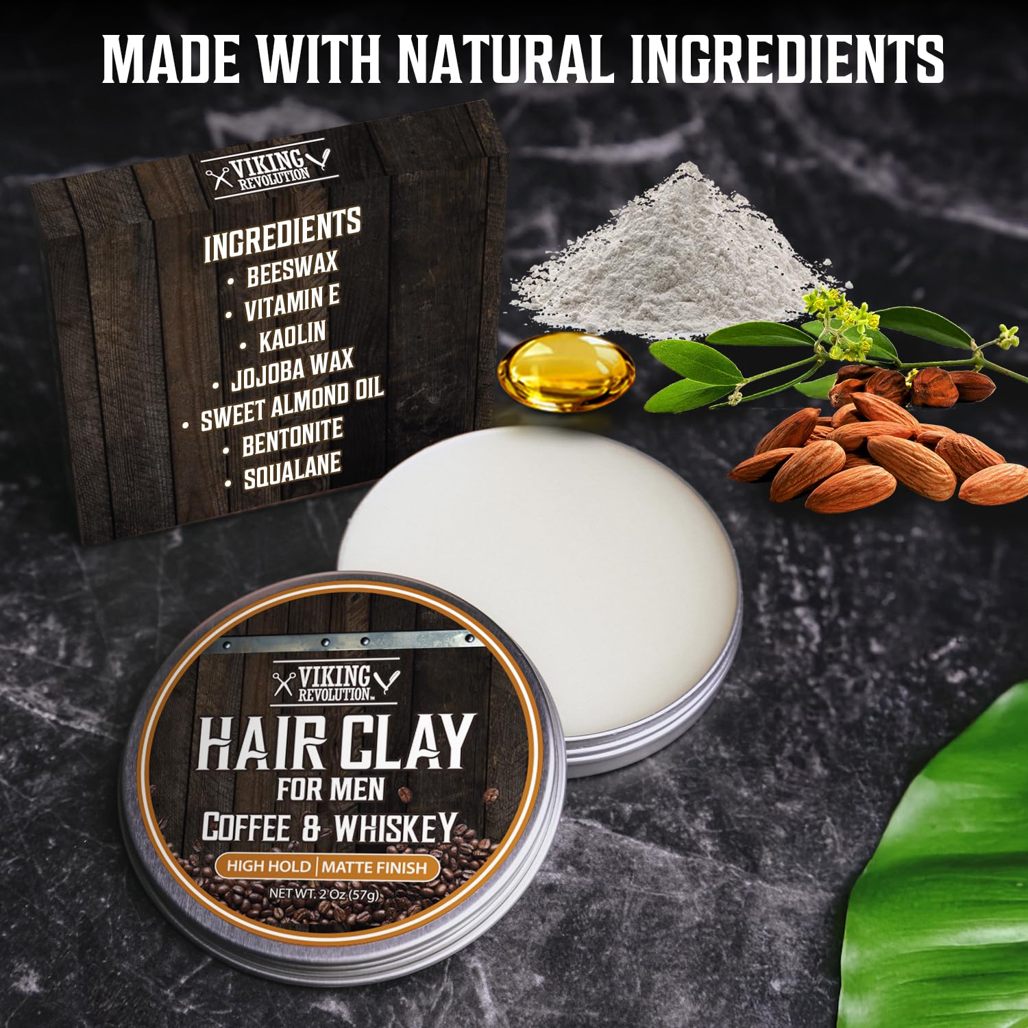 Hair Clay - Coffee & Whiskey: a natural matte hair product for men, shown on a dark background.