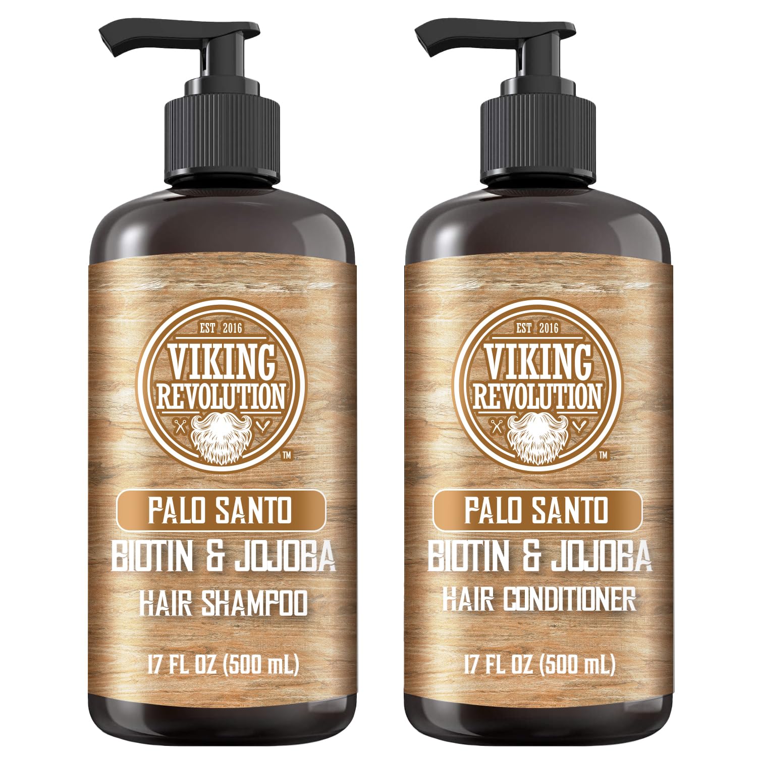 Two bottles of Shampoo and Conditioner Set (17 oz each), for men, by Viking Revolution.
