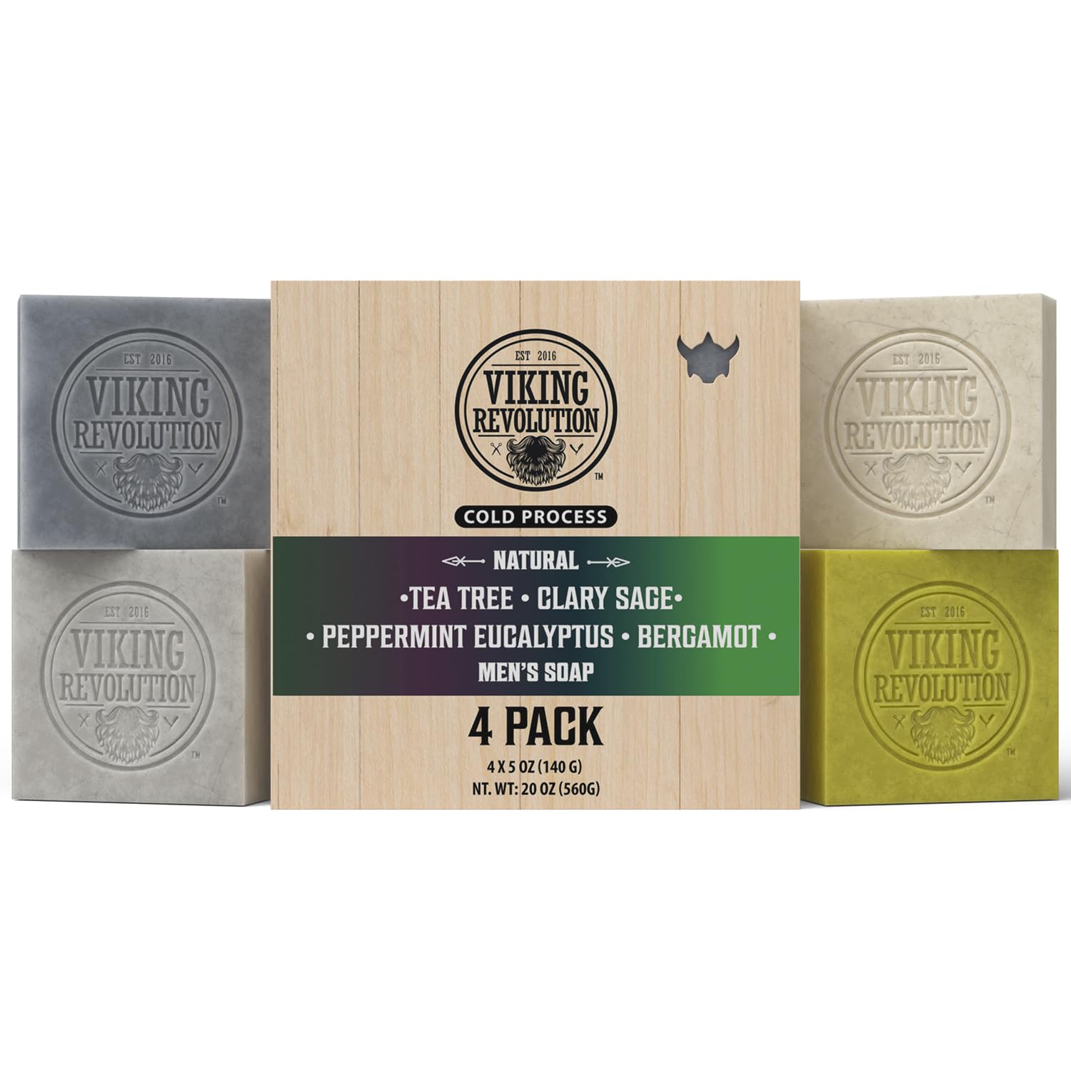 4-pack of Viking Revolution mens soap: Tea Tree, Clary Sage, Peppermint Eucalyptus, and Bergamot scents.