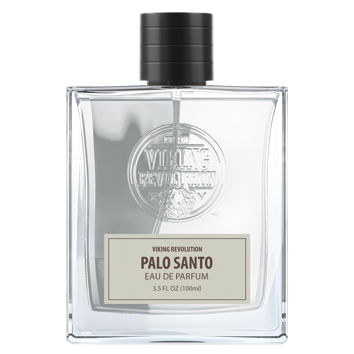 Clear glass bottle of Palo Santo Eau de Parfum, a men's scent with cedarwood notes, 3.4 fl oz.