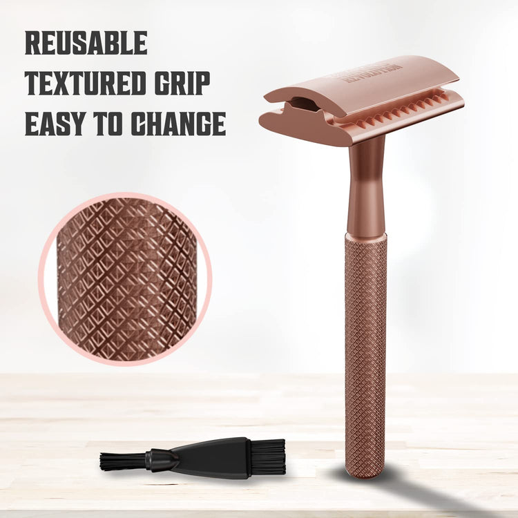 Introducing the Viking Revolution - Double Edge Safety Razor in Rose Gold, featuring a textured grip for a clean shave, with convenient easy-to-change blades and a handy small cleaning brush included.