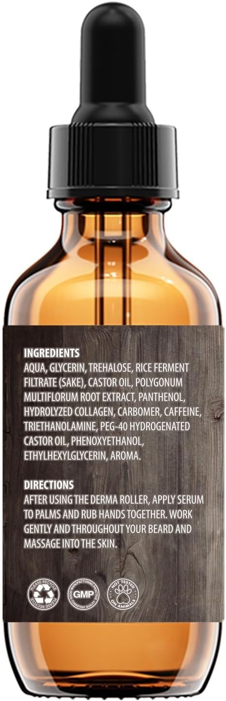 Amber dropper bottle featuring ingredient details and usage instructions for Beard Growth Serum, ideal for inclusion in the Beard Growth Kit.