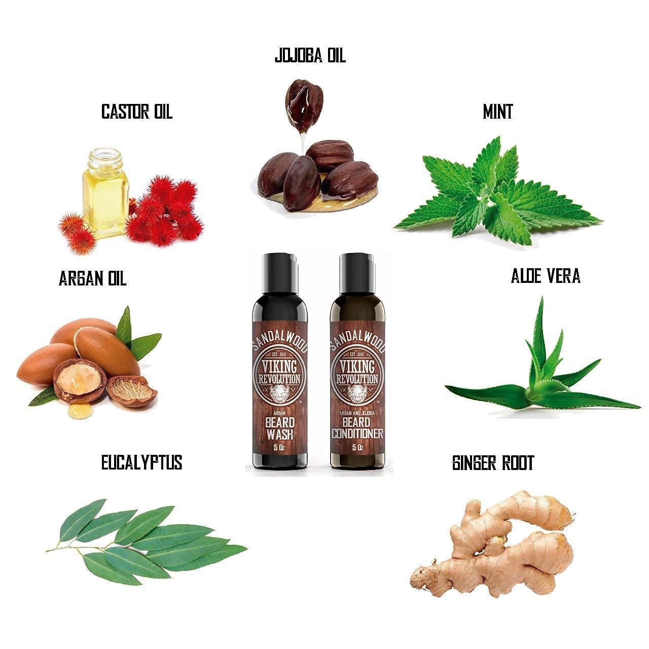 The Viking Revolution - Sandalwood Beard Wash & Conditioner Set - 10oz is accompanied by images of jojoba, castor, and argan oils, as well as mint, aloe, eucalyptus, and ginger, offering an enhanced facial haircare experience.