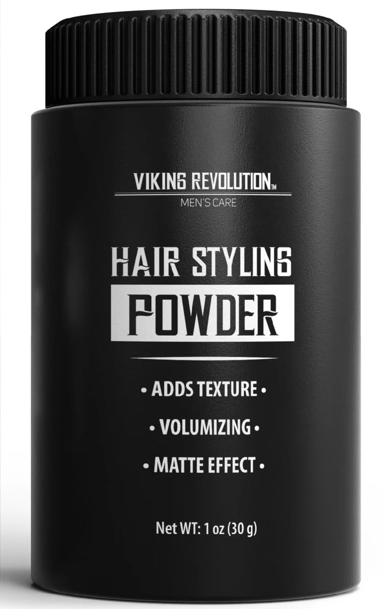 Black bottle of Hair Styling Powder for Men, 1 oz, adds volumizing texture and gives a matte finish.