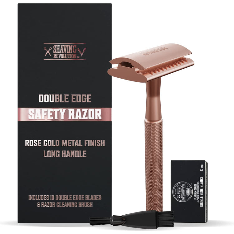 Viking Revolution - Double Edge Safety Razor in Rose Gold with packaging, a clean shaving brush, and extra blades.