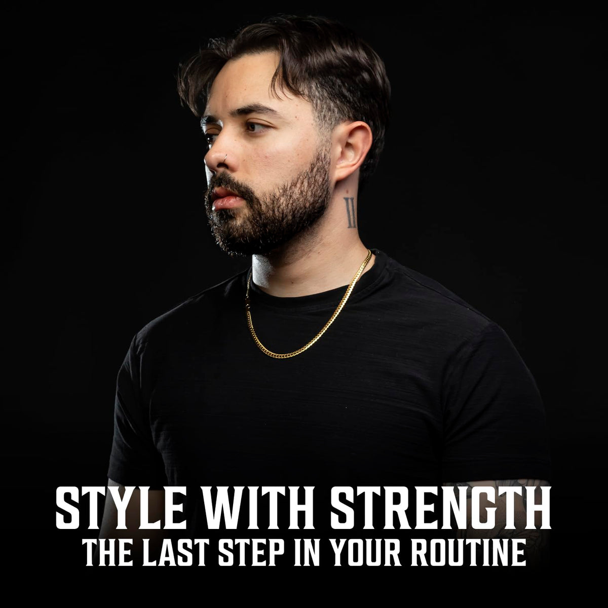 Bearded man in chain, medium-high hold—Men’s Non Aerosol Hair Spray. Style with Strength.