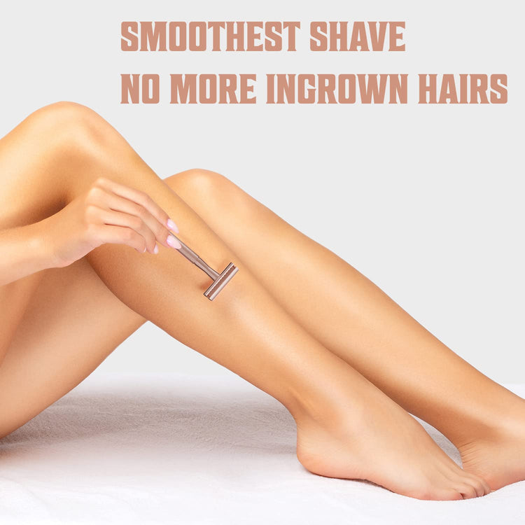 A person is shaving their smooth legs with the Viking Revolution - Double Edge Safety Razor Rose Gold, and the text reads Smoothest Shave: No More Ingrown Hairs.