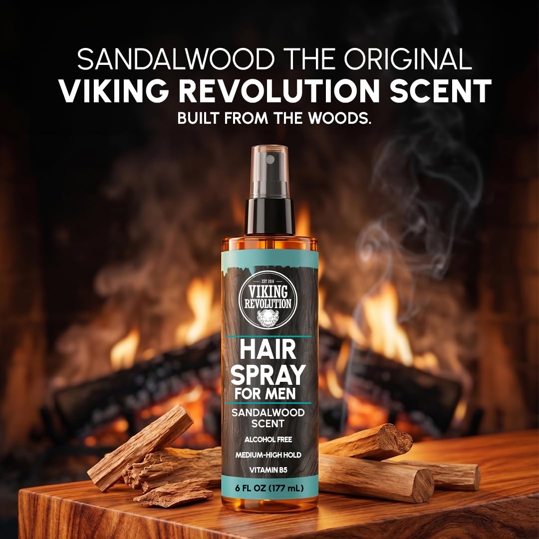A Men’s Non Aerosol Hair Spray - Alcohol Free 6 fl oz by a fire, sandalwood, and vitamin B5 in front.