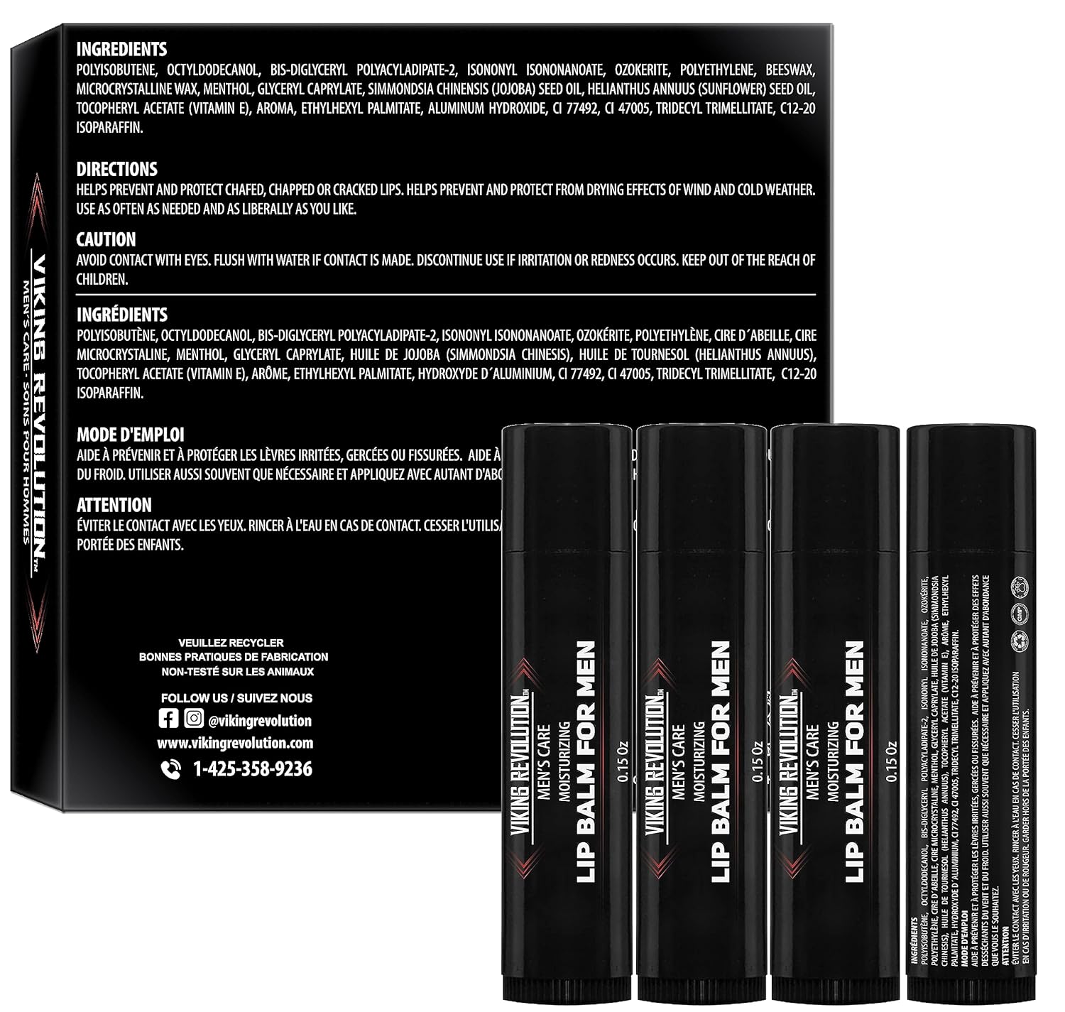 Four tubes of All Natural Lip Balm for Men - 4 Pack with vitamin E, shown in front of ingredient box.
