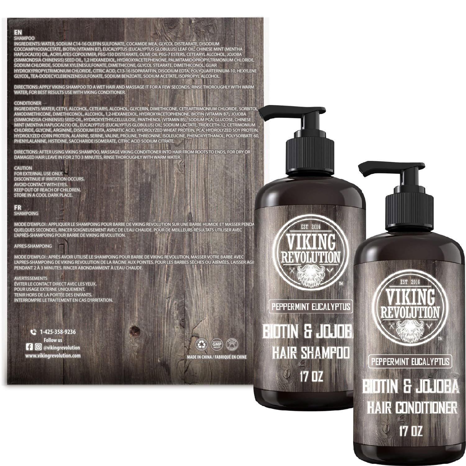 Two bottles of Eucalyptus and Peppermint Shampoo and Conditioner Set (17 Oz) sit before a wood-textured ingredient list.