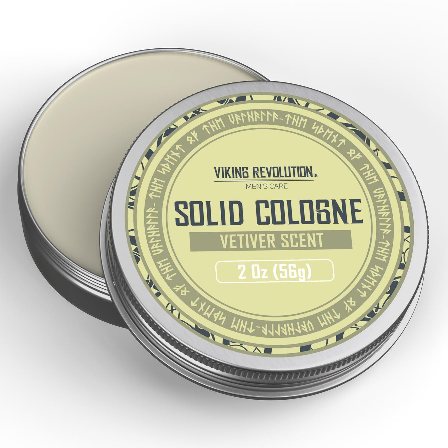 Round tin of Solid Cologne 2 Oz Single Vetiver, lid ajar to show alcohol free cologne balm inside.