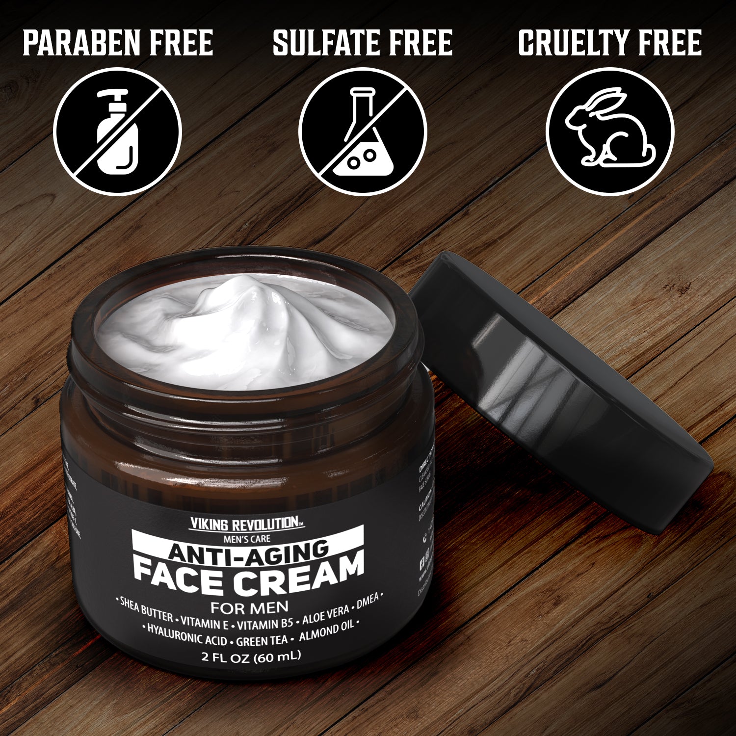 Anti-Aging Face Cream for Men - 2oz on wood surface; labeled parabens, sulfates, and cruelty-free.