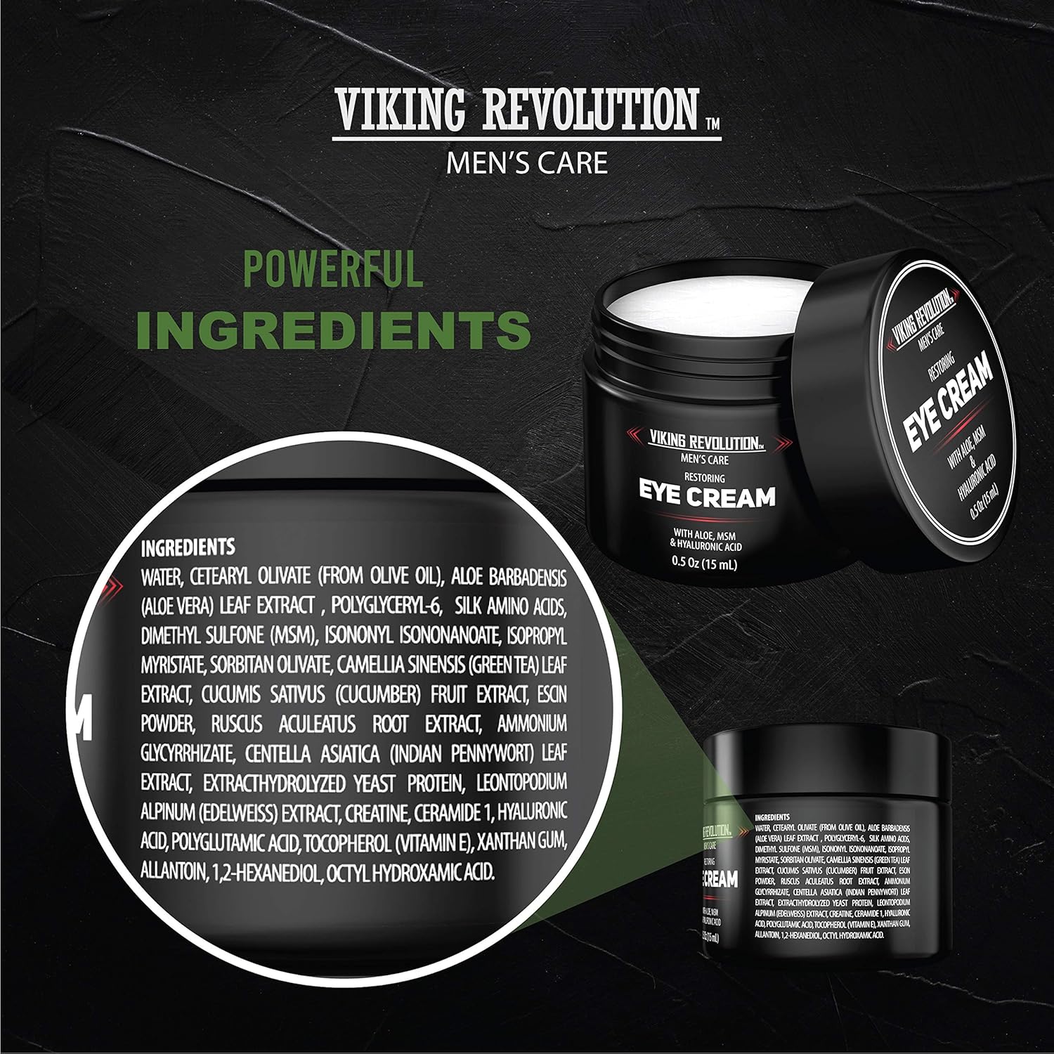 A jar of Eye Cream for Men with a close-up of its eye bag reducer ingredients on the label.