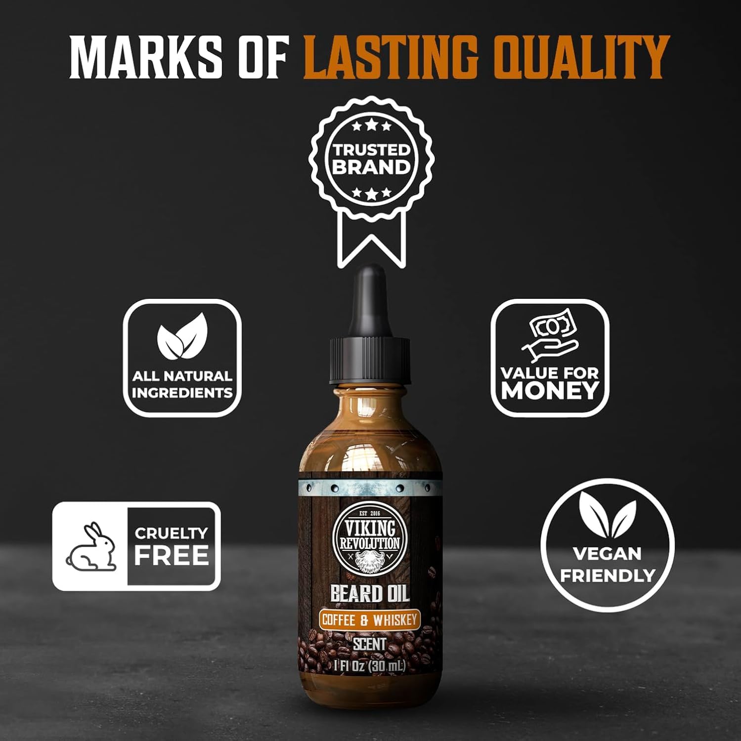 A Beard Grooming Kit - Coffee & Whiskey, a top pick in beard care, with feature icons shown.