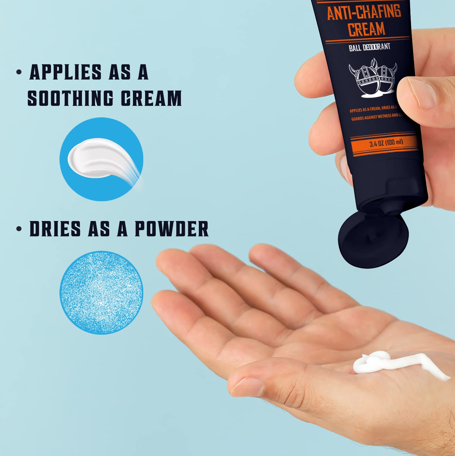 A hand applies Ball Deodorant cream, which soothes chafing and dries quickly to a powder finish.