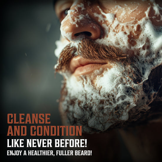 Man with a beard uses Beard Wash and Conditioner, promoting growth for a fuller, healthier appearance.