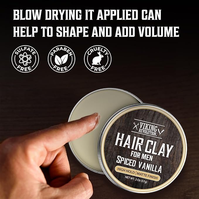A finger scoops Hair Clay - Spiced Vanilla (2oz); text highlights product benefits and features.