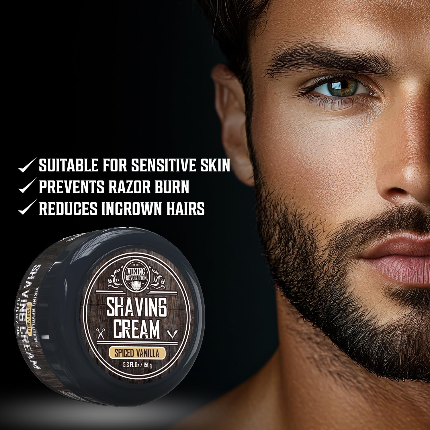 A man’s face beside a jar of Spiced Vanilla Shaving Cream (3.5 fl oz), benefits shown on the left.