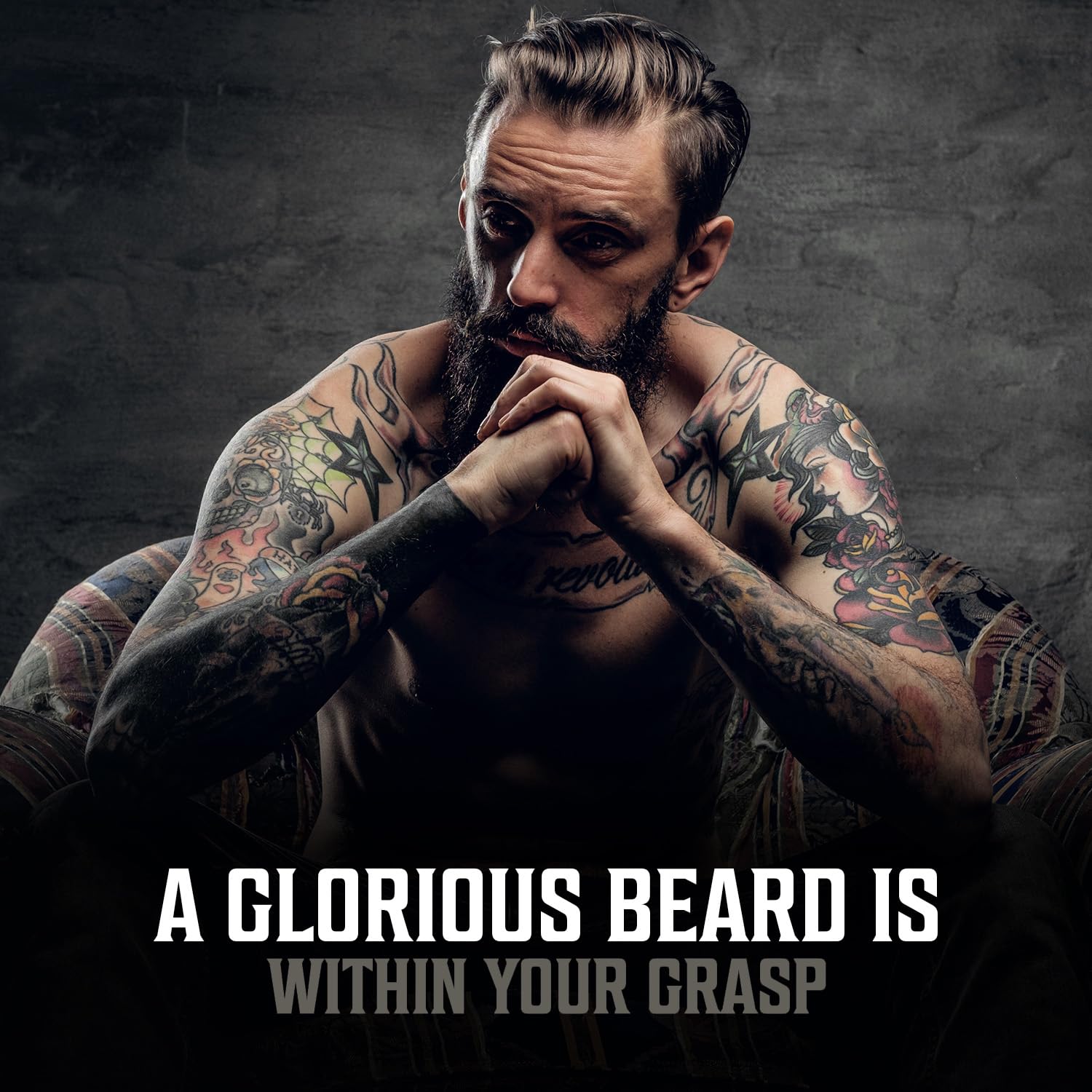Tattooed, bearded man sitting; text: Achieve glory with Unscented Beard Oil - 2 Pack.