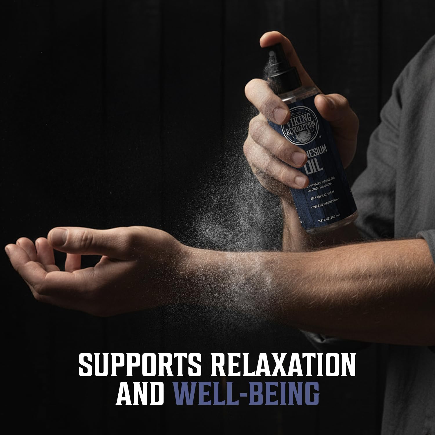 A person sprays Magnesium Oil (8.8 fl oz) on their forearm with text: Supports relaxation and well-being.