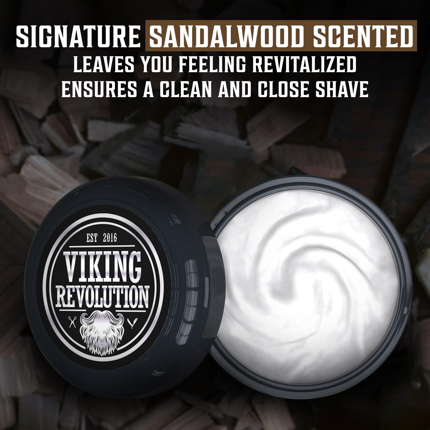 Open container of Sandalwood Shaving Cream (5.3oz), ideal for sensitive skin, details above.