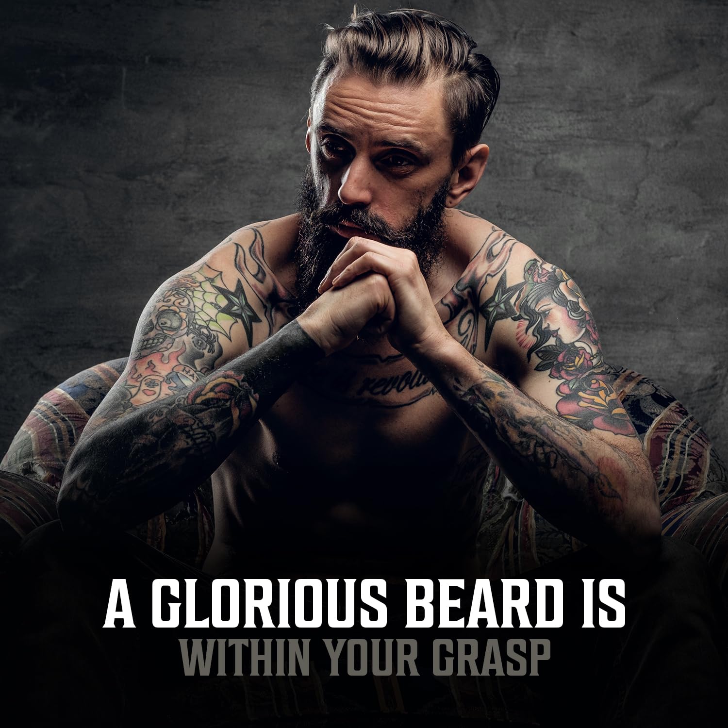 A tattooed, bearded man sits pensively; text reads, Unscented Beard Oil (1oz) brings you glory.