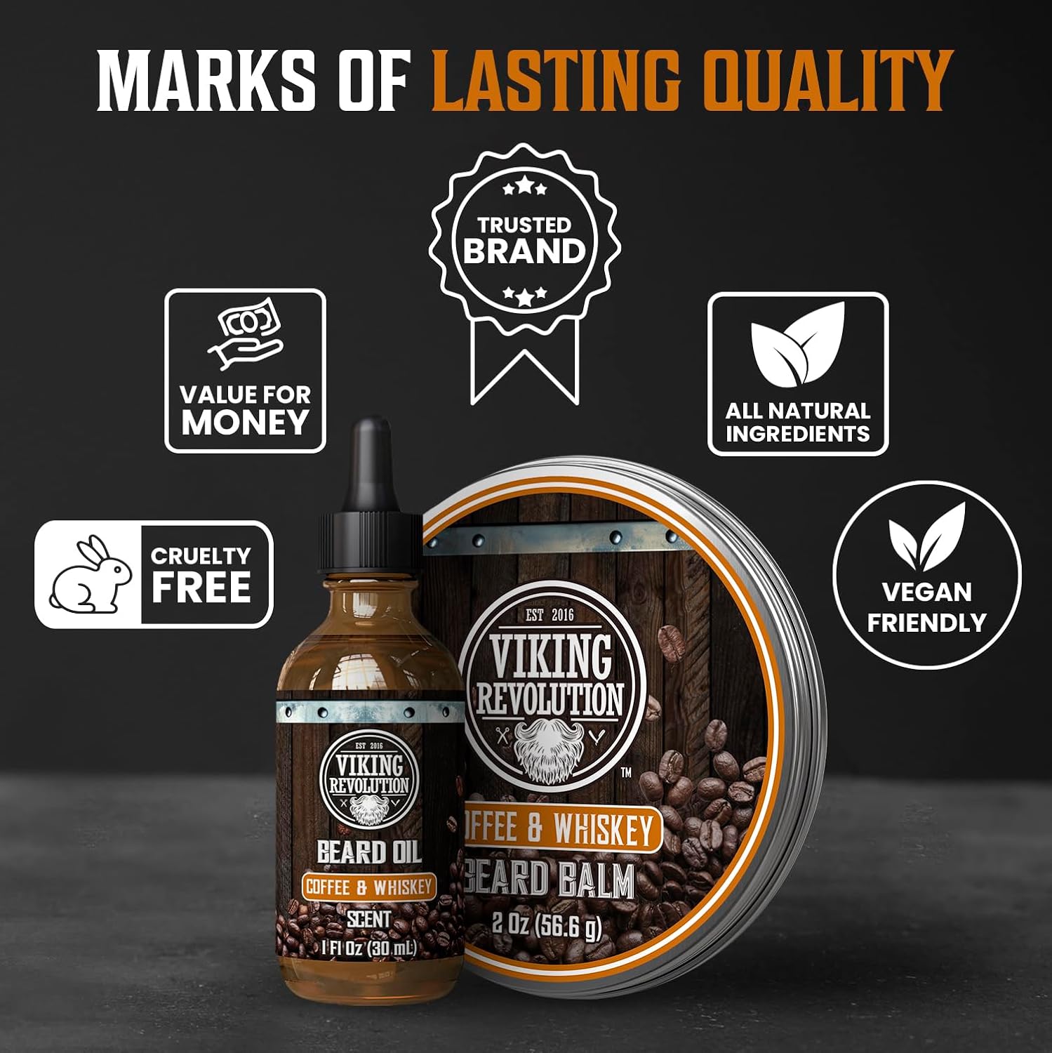 Coffee and Whiskey Beard Balm (2oz) & Sandalwood Beard Oil (1oz) kit for men—ethical, premium care.