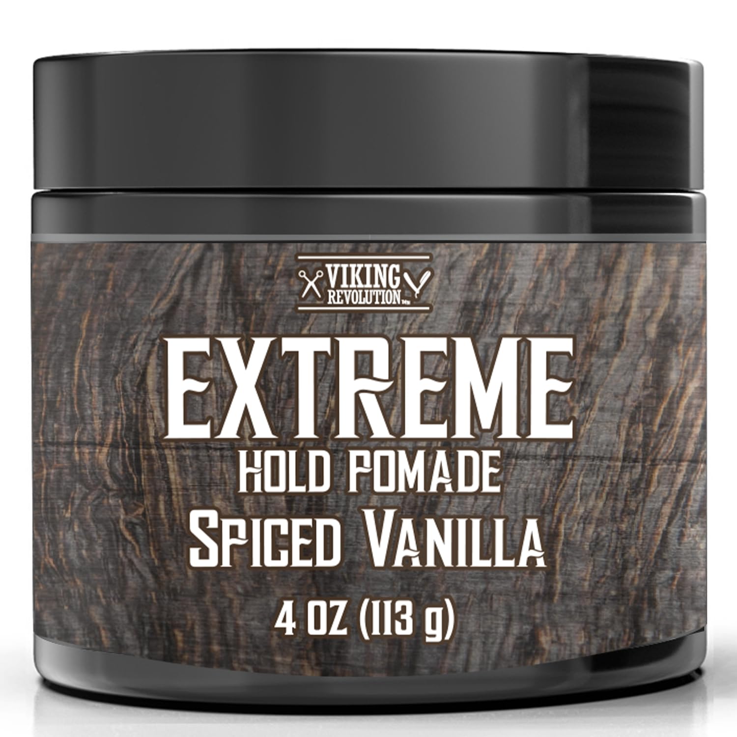 Black jar of New Scents Hair Pomade in Spiced Vanilla, 4 oz., provides both an extreme hold and a high-shine finish.